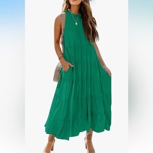 NWT Summer Casual Sleeveless Halter Maxi Dress Pleated Tiered Flowy Sundress